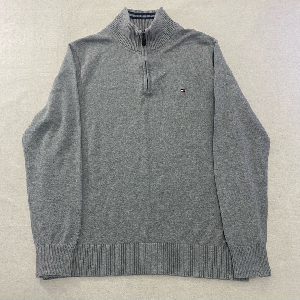Tommy HIlfiger Sweater Men XL Gray 1/4 Zip Pullover 100% Cotton Mock Neck Ribbed